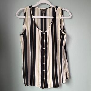 Tommy Bahama 100% Silk Sleeveless Button Down Top Cream Black Stripe SZ Medium